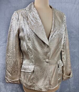 Vtg Y2K Mesmerize Gold Foil Snake Skin Python Print Moto Jacket Mob Wife - Large